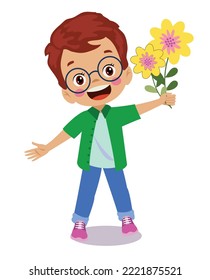 cute happy boy holding flower