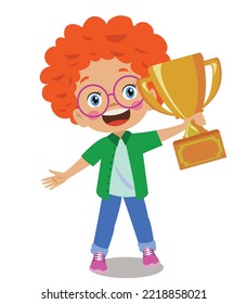 cute happy boy holding golden trophy
