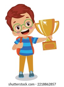 cute happy boy holding golden trophy