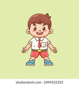 Cute happy boy Indonesian student elementary school kawaii chibi character mascot illustration set 