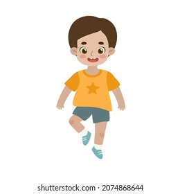 Cute happy boy jumping. Adorable child floating in the air. Cheerful kid having fun activity.