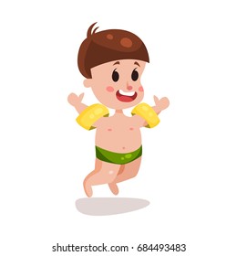 Cute happy boy jumping with inflatable armbands, kid ready to swim colorful character vector Illustration