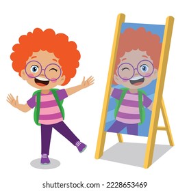 cute happy boy looking in the mirror
