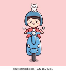 Cute happy boy or man riding motorcycle scooter with cute cat flat outline character chibi kawaii