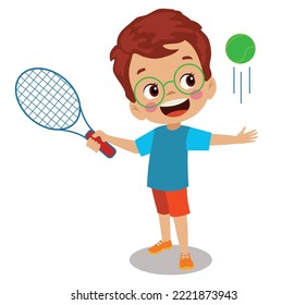 cute happy boy playing tennis