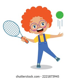 cute happy boy playing tennis