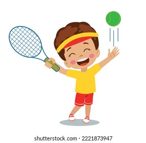 cute happy boy playing tennis