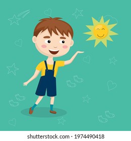 Cute happy boy reaches for the sun. Vector illustration on a turquoise background with the coming of summer concept. Perfect for a postcard, children's book, children's app, ad, or article
