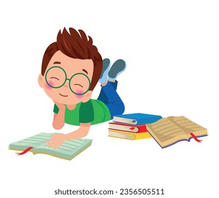 cute happy boy reading a book