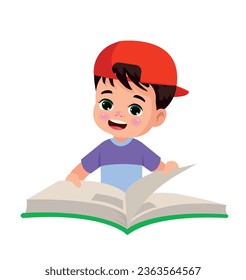 cute happy boy reading a book
