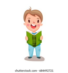 Cute happy boy reading a book, education and knowledge concept, colorful character vector Illustration