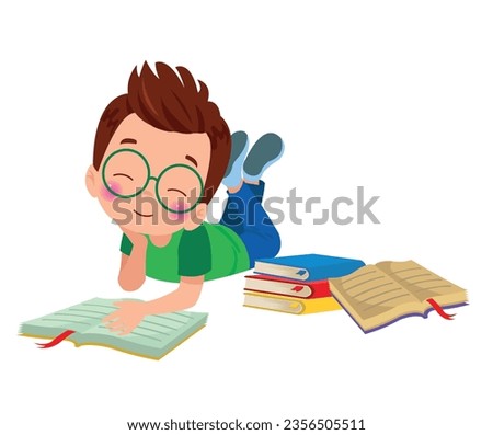 cute happy boy reading a book