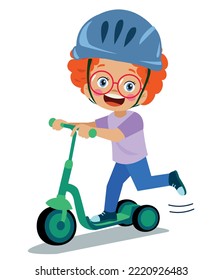 cute happy boy riding scooter