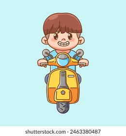 Cute happy boy riding scooter kawaii chibi character mascot illustration outline style design set