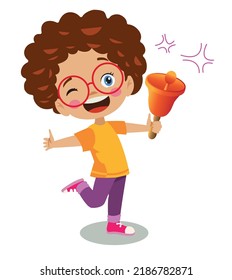 cute happy boy ringing school bell