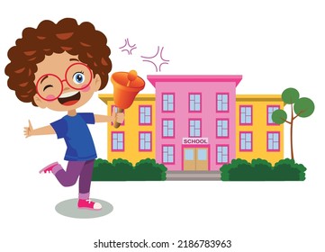 cute happy boy ringing school lesson bell