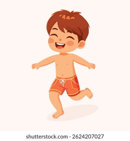 Cute and happy boy running in bathing suits on white background. Poster, Banner, Flyer, Summer time. Vector illustration in flat cartoon style