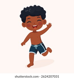 Cute and happy boy running in bathing suits on white background. Poster, Banner, Flyer, Summer time. Vector illustration in flat cartoon style