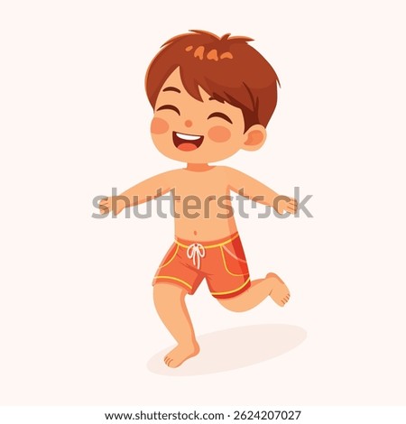 Cute and happy boy running in bathing suits on white background. Poster, Banner, Flyer, Summer time. Vector illustration in flat cartoon style