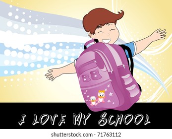cute happy boy saying i love my school, vector illustration