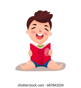 Cute happy boy sitting on the floor and reading a book, education and knowledge concept, colorful character vector Illustration