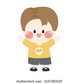 Cute happy boy stand on white background.Child cartoon character design.Smile kid.Kawaii.Illustration.Vector.