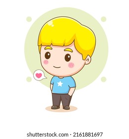 Cute happy boy stands with his hands in pockets. Chibi cartoon character. Vector art illustration