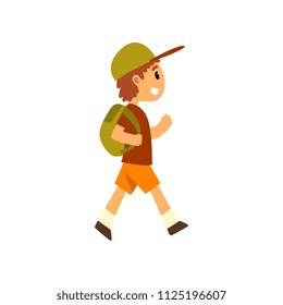 Cute happy boy traveling with backpack vector Illustration on a white background