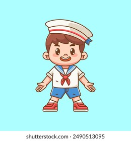 Cute happy boy wear sailor uniform kawaii chibi character mascot illustration outline style design set