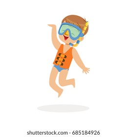 Cute happy boy wearing orange life jacket, snorkel and mask, kids summer vacation colorful character vector Illustration