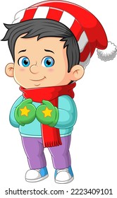 The cute happy boy is wearing the winter costume with the Santa hat of illustration