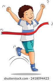 Cute happy boy winning the race