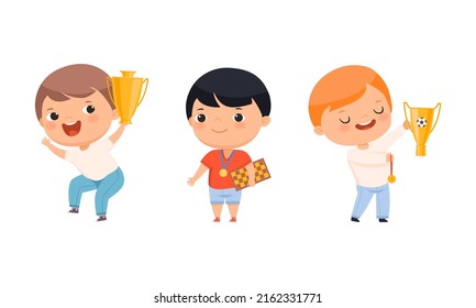 Cute happy boys champions set. Adorable kids celebrating success cartoon vector illustration