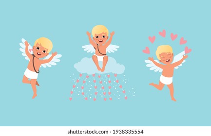 Cute Happy Boys Cherubs with Wings Set, Joyful Lovely Baby Cupid Characters in Different Actions Cartoon Vector Illustration