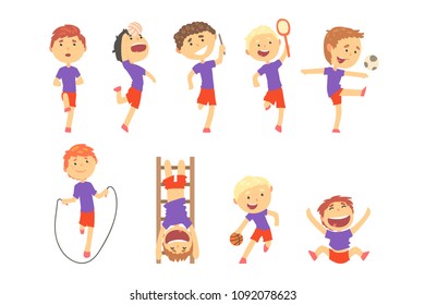 Cute happy boys doing sports set. Activity kids playing colorful cartoon Illustrations