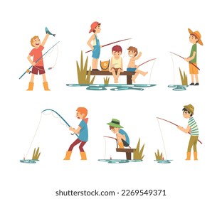 Cute happy boys enjoying fishing set. Boys standing and sitting on river pier with fishing rods cartoon vector illustration