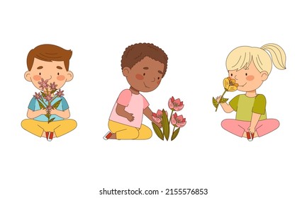 Niños y niñas alegres con flores de primavera ilustración vectorial