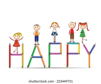 Cute and happy boys and girls with crayons