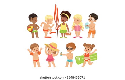 Cute Happy Boys and Girls Playing, Swimming and Having Fun at the Beach on Summer Vacation Vector Illustration