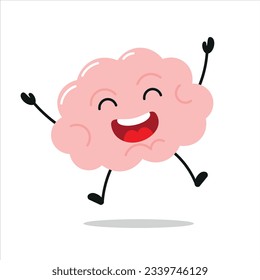 Cute happy brain character. Funny victory jump celebration brain cartoon emoticon in flat style. encephalon emoji vector illustration