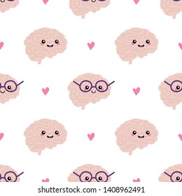 Cute happy brain characters and hearts vector cartoon seamless pattern background.