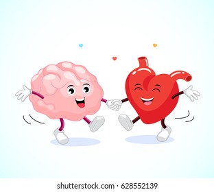 Cute happy brain and heart dancing together. Logic and feel concept, illustration.