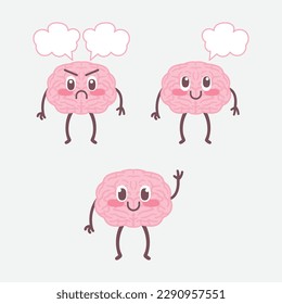 Cute happy brain set illustration. Flat cartoon human organ character mascot icon design. Nutrition, train your brain, mind care, fit, mindfulness, healthy, unhealthy.