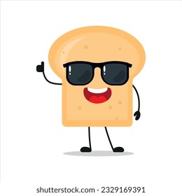 Hübsches Brot trägt eine Sonnenbrille. Funny Brot Gruß Freund Cartoon Emoticon in flachem Stil. Bäckerei Emoji, Vektorgrafik