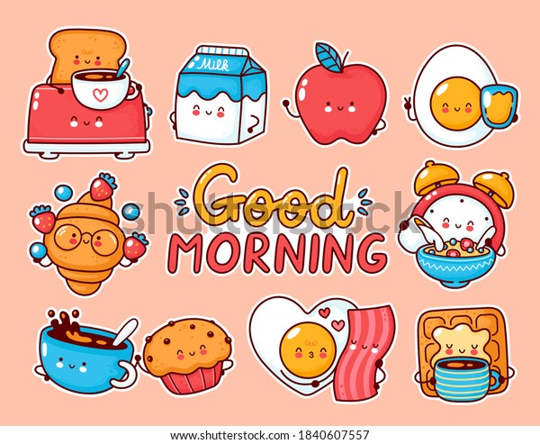 かわいい朝食セットコレクション ベクター平線漫画のカワイイ文字ステッカー 手描きのスタイルイラスト おはようポスター 卵 トースト ミルク コーヒー クロワッサン ワッフル アップルのコンセプト のベクター画像素材 ロイヤリティフリー