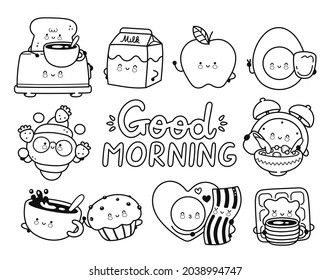 Cute happy breakfast food,good morning coloring page set collection.Vector cartoon kawaii clock character stickers doodle illustration.Good morning,alarm clock,coffee,egg,toast, page for coloring book