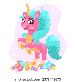 Cute happy bright pink unicorn with turquoise mane. Vector illustration in cartoon style for printing and decor kids clothes, fabrics, souvenirs, stickers. Isolated character on white background.