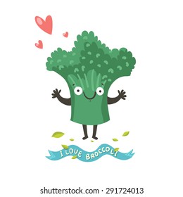 Cute happy broccoli cartoon character with hearts and "I love broccoli" ribbon. Vector colorful illustration in flat style isolated on white. Good for cafe, logo or book stories. 