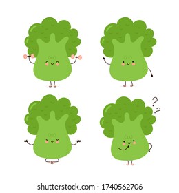 Cute happy broccoli Zeichensatz Sammlung. Auf weißem Hintergrund isoliert. Zeichentrickdarstellung