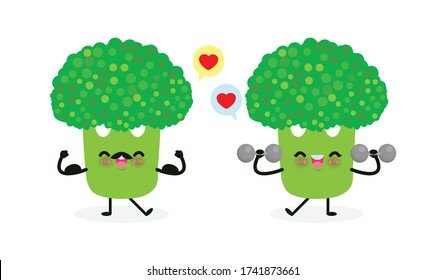 Cute happy broccoli doing exercises with dumbbells and strong broccoli show muscle.Eating healthy food and fitness, Funny vegetable character sport concept isolated on white background vector